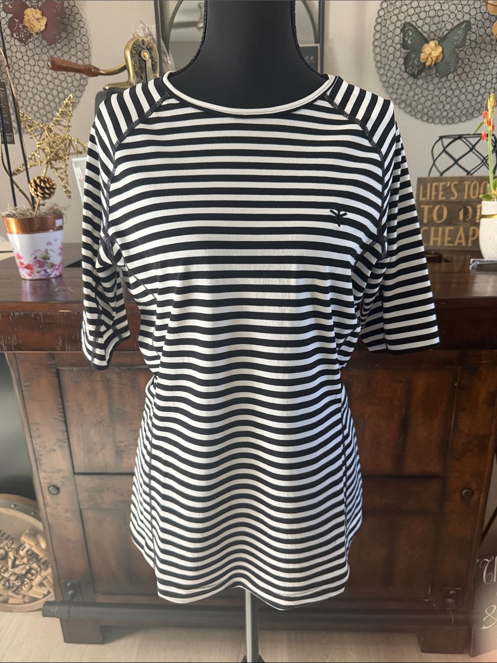 Coolibar Black & White Striped Short Sleeve Swim Top